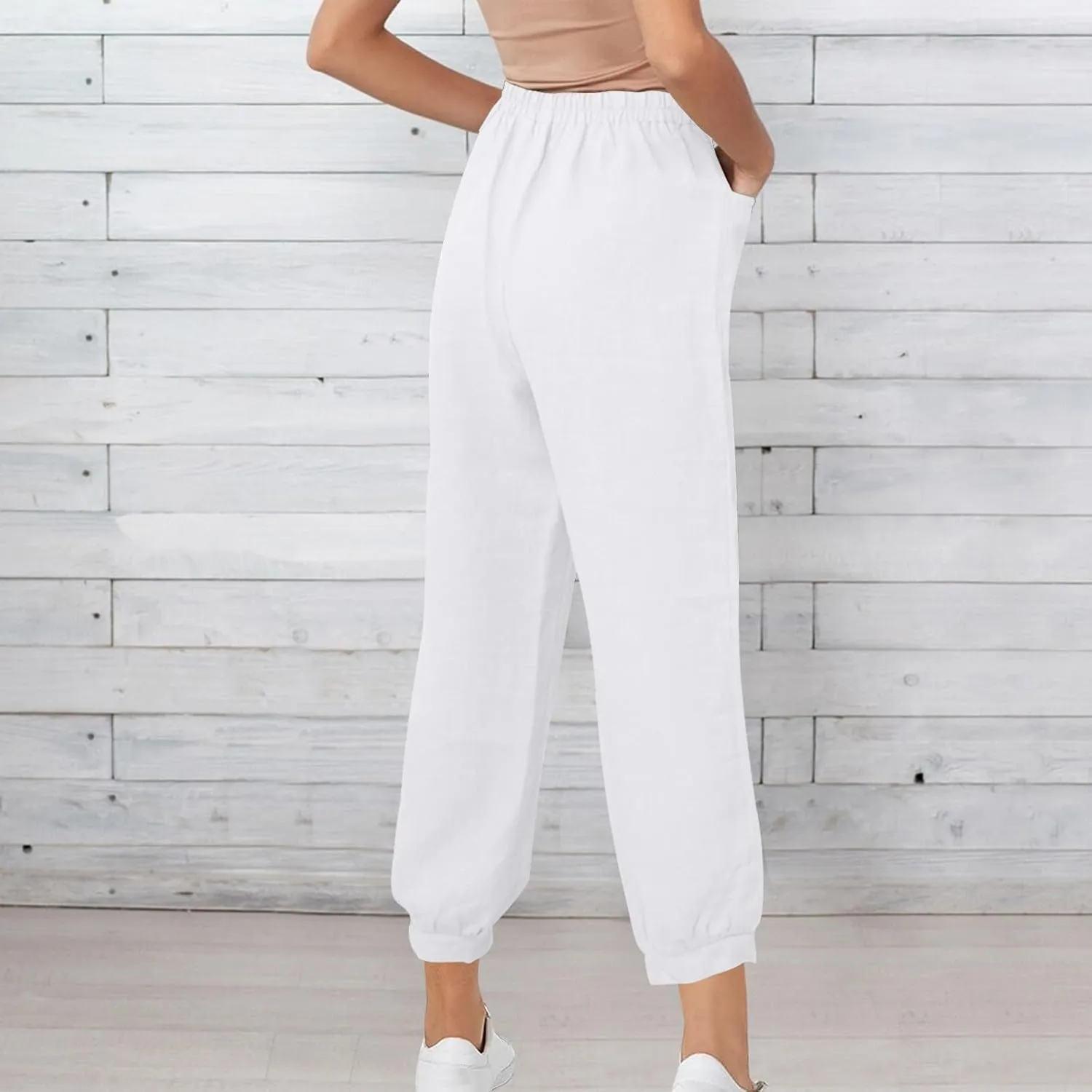 Womens Casual Cotton Linen Pants Lightweight Summer Relax Fit Elastic Waist Solid Color Lounge Trousers with Pockets