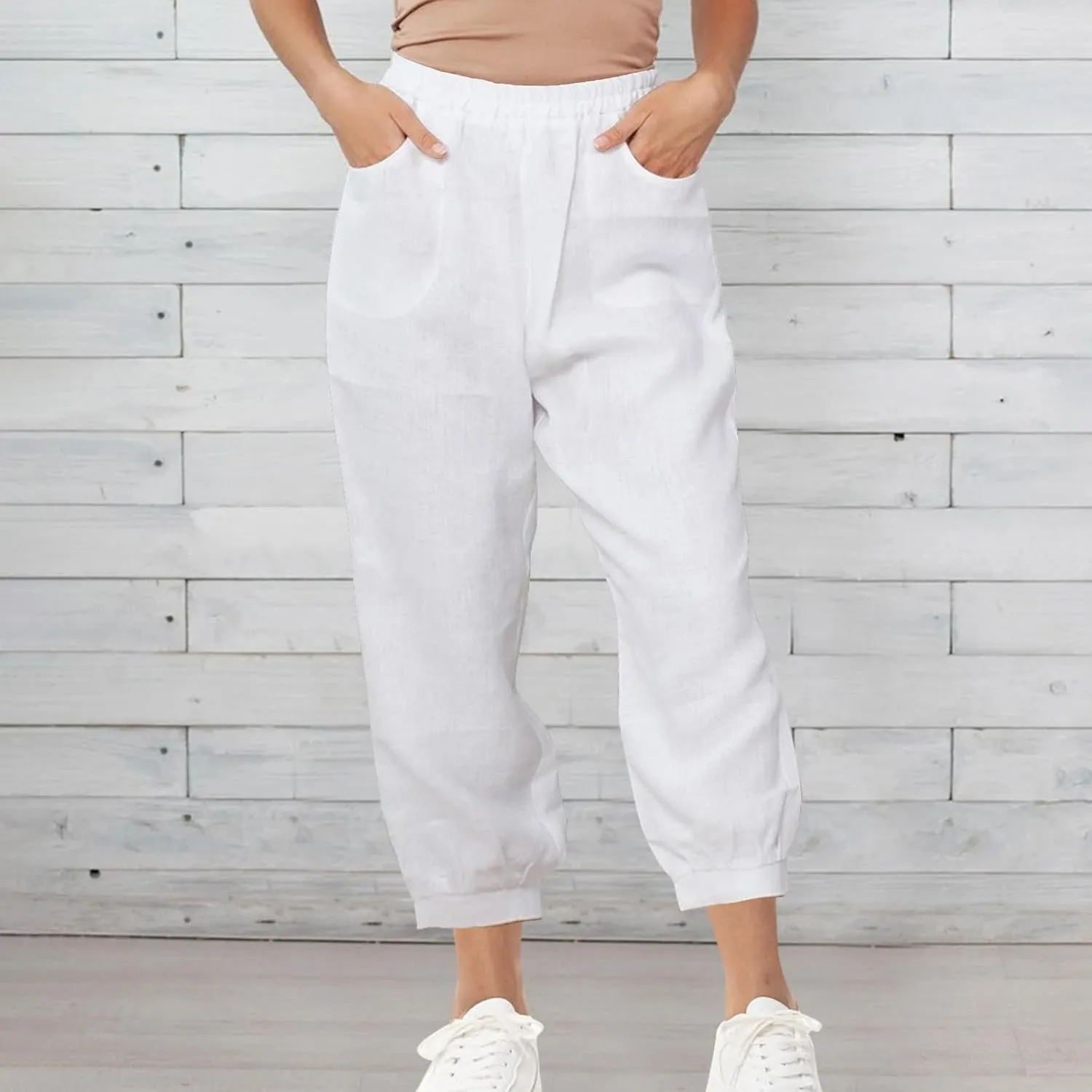 Womens Casual Cotton Linen Pants Lightweight Summer Relax Fit Elastic Waist Solid Color Lounge Trousers with Pockets