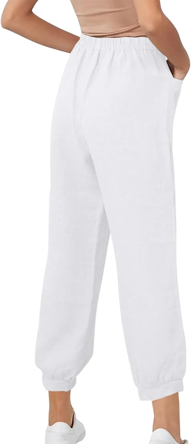 Womens Casual Cotton Linen Pants Lightweight Summer Relax Fit Elastic Waist Solid Color Lounge Trousers with Pockets