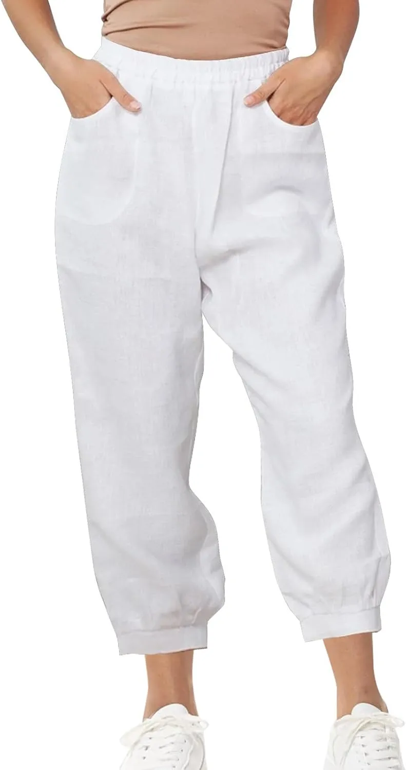 Womens Casual Cotton Linen Pants Lightweight Summer Relax Fit Elastic Waist Solid Color Lounge Trousers with Pockets