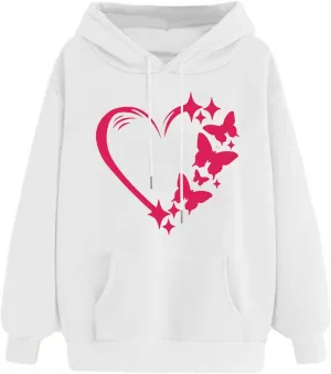 Women's Casual Heart Print Hoodies Lightweight Long Sleeve Pullover Hoodie Sweatshirt Tops with Kangaroo Pocket