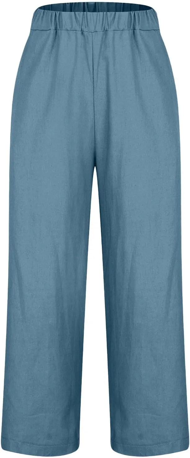 Womens Casual Linen High Waist Drawstring Pants Loose Fit Summer Beach Wide Leg Cropped Trousers with Pockets