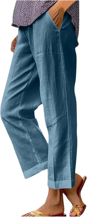 Womens Casual Linen High Waist Drawstring Pants Loose Fit Summer Beach Wide Leg Cropped Trousers with Pockets