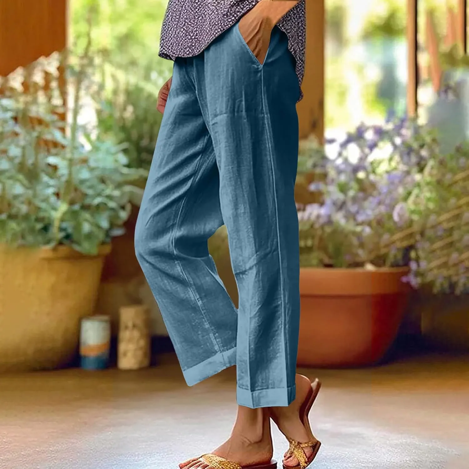 Womens Casual Linen High Waist Drawstring Pants Loose Fit Summer Beach Wide Leg Cropped Trousers with Pockets