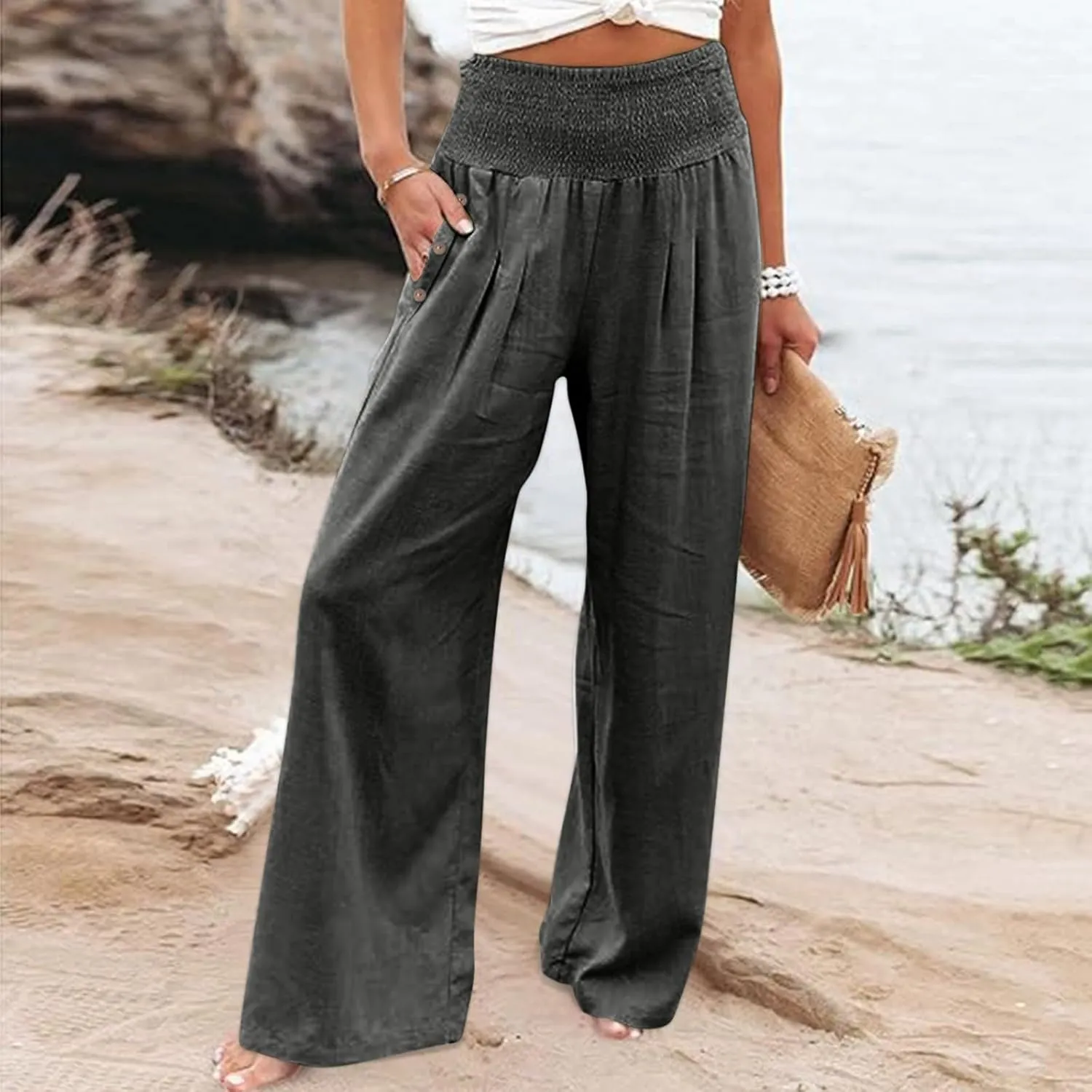 Women's Casual Linen Palazzo Pants Smocked Elastic Waist Summer Boho Wide Leg Long Flowy Lounge Trousers with Pockets