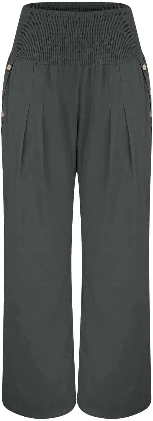 Women's Casual Linen Palazzo Pants Smocked Elastic Waist Summer Boho Wide Leg Long Flowy Lounge Trousers with Pockets