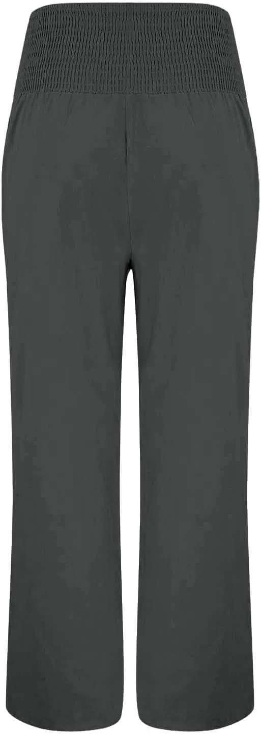 Women's Casual Linen Palazzo Pants Smocked Elastic Waist Summer Boho Wide Leg Long Flowy Lounge Trousers with Pockets