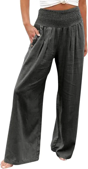 Women's Casual Linen Palazzo Pants Smocked Elastic Waist Summer Boho Wide Leg Long Flowy Lounge Trousers with Pockets