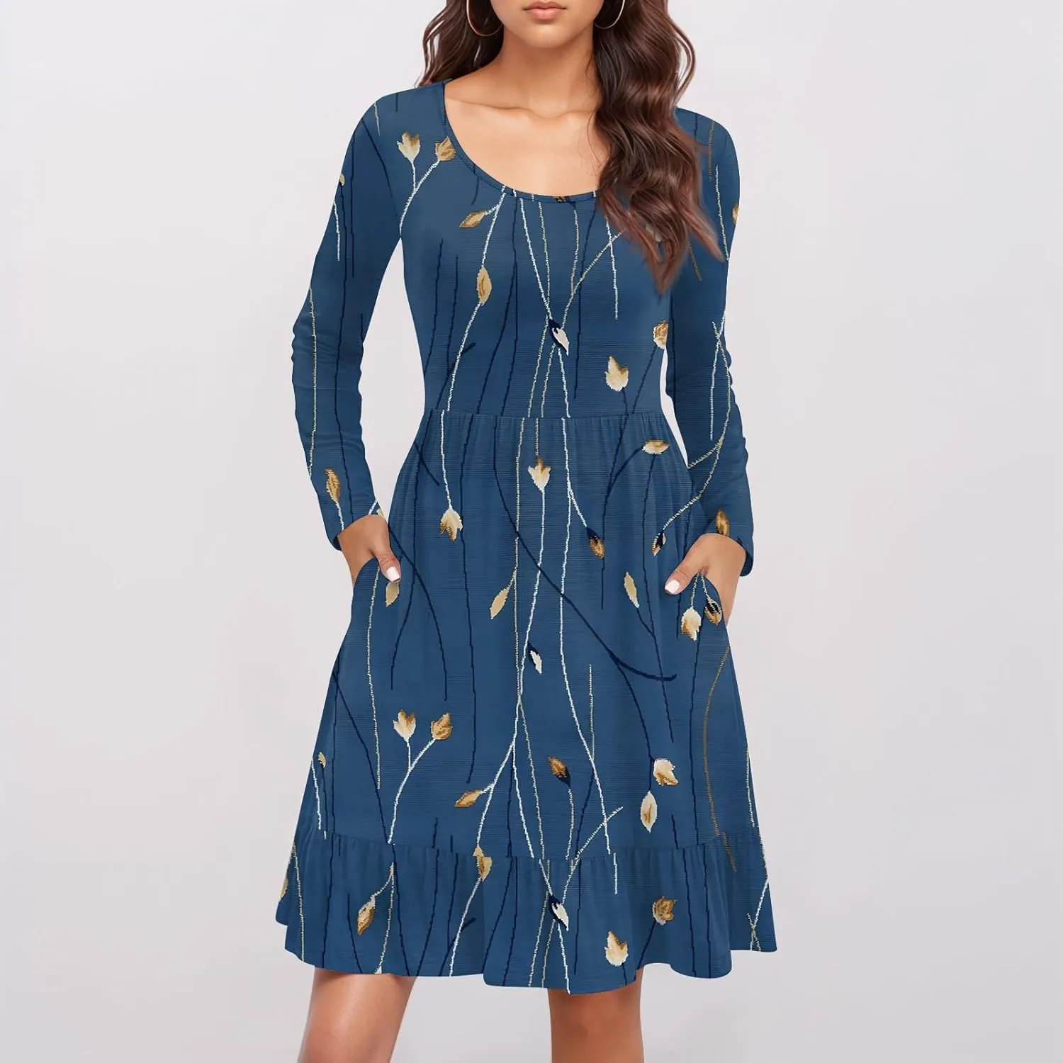 Women's Casual Short Dress Knee Length Crewneck Long Sleeve A Line Flowy Striped Going Out Dresses