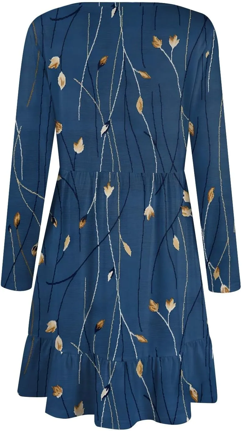 Women's Casual Short Dress Knee Length Crewneck Long Sleeve A Line Flowy Striped Going Out Dresses