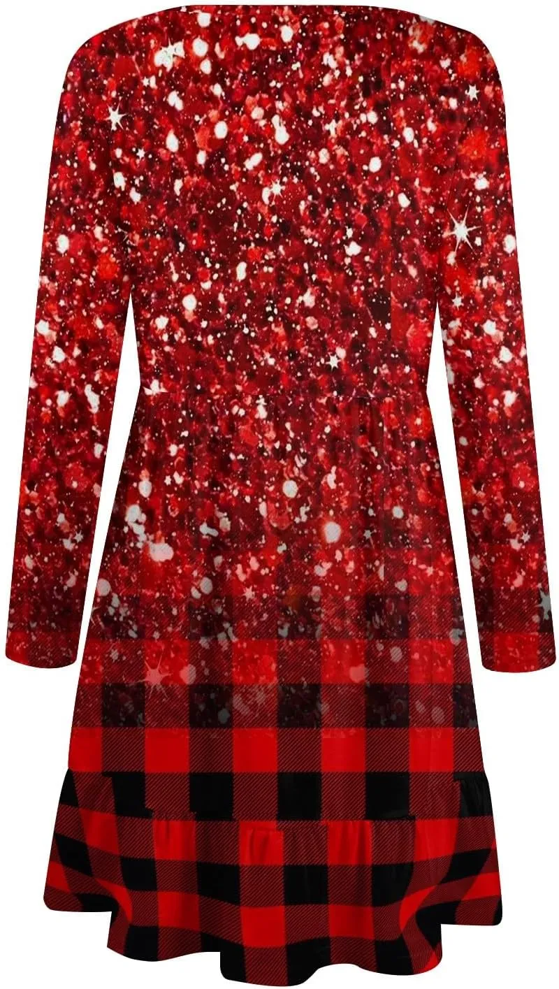 Women's Casual Short Dress Knee Length Crewneck Long Sleeve A Line Flowy Striped Going Out Dresses