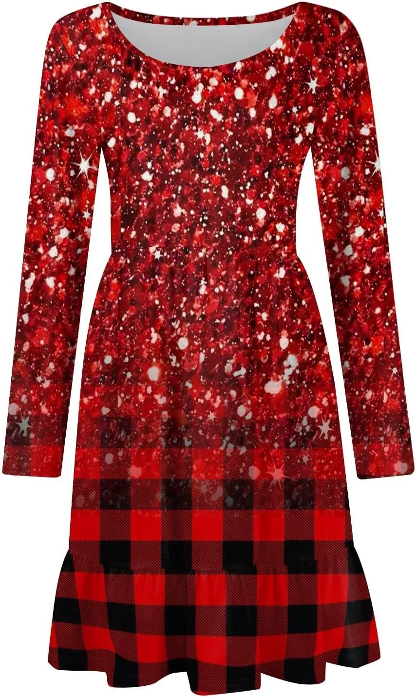 Women's Casual Short Dress Knee Length Crewneck Long Sleeve A Line Flowy Striped Going Out Dresses