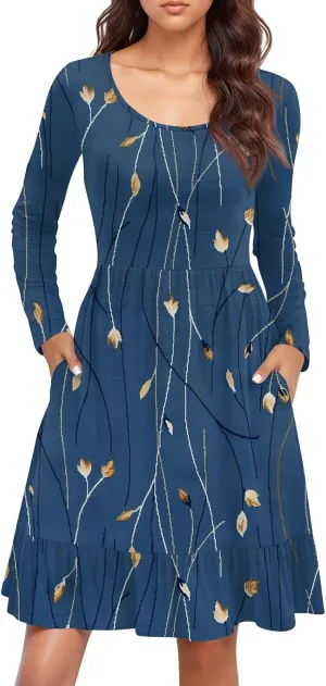 Women's Casual Short Dress Knee Length Crewneck Long Sleeve A Line Flowy Striped Going Out Dresses
