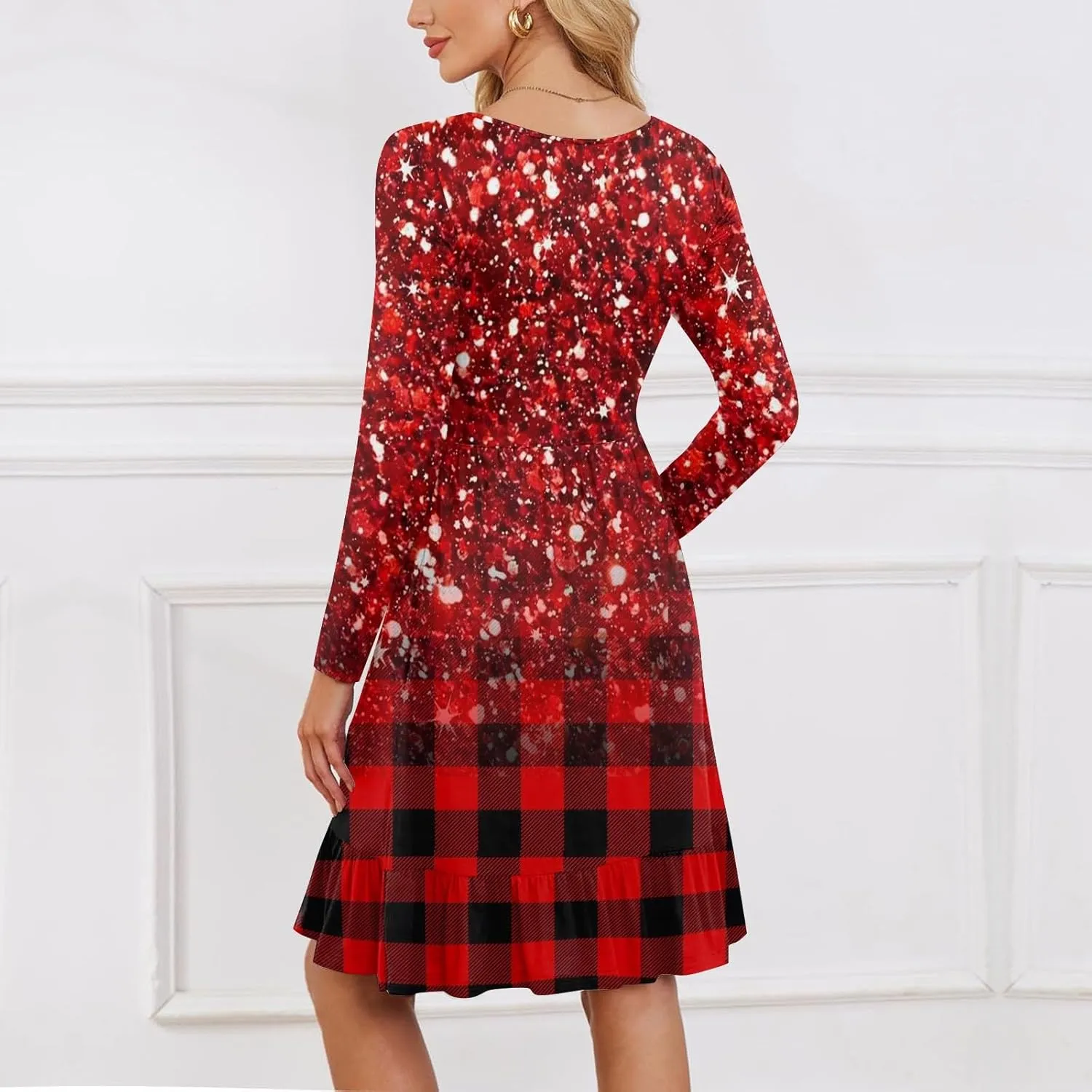 Women's Casual Short Dress Knee Length Crewneck Long Sleeve A Line Flowy Striped Going Out Dresses