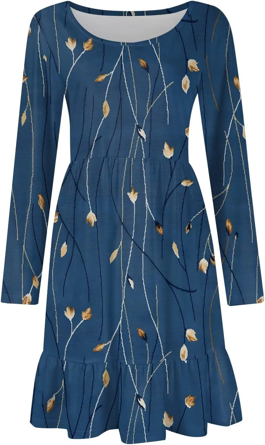 Women's Casual Short Dress Knee Length Crewneck Long Sleeve A Line Flowy Striped Going Out Dresses