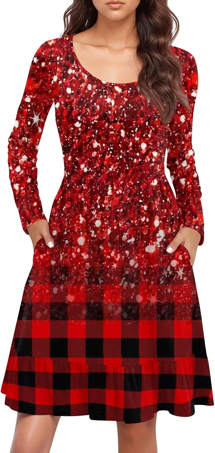Women's Casual Short Dress Knee Length Crewneck Long Sleeve A Line Flowy Striped Going Out Dresses
