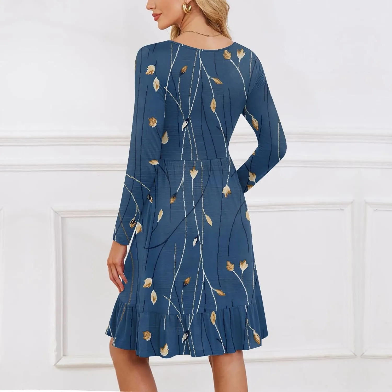 Women's Casual Short Dress Knee Length Crewneck Long Sleeve A Line Flowy Striped Going Out Dresses