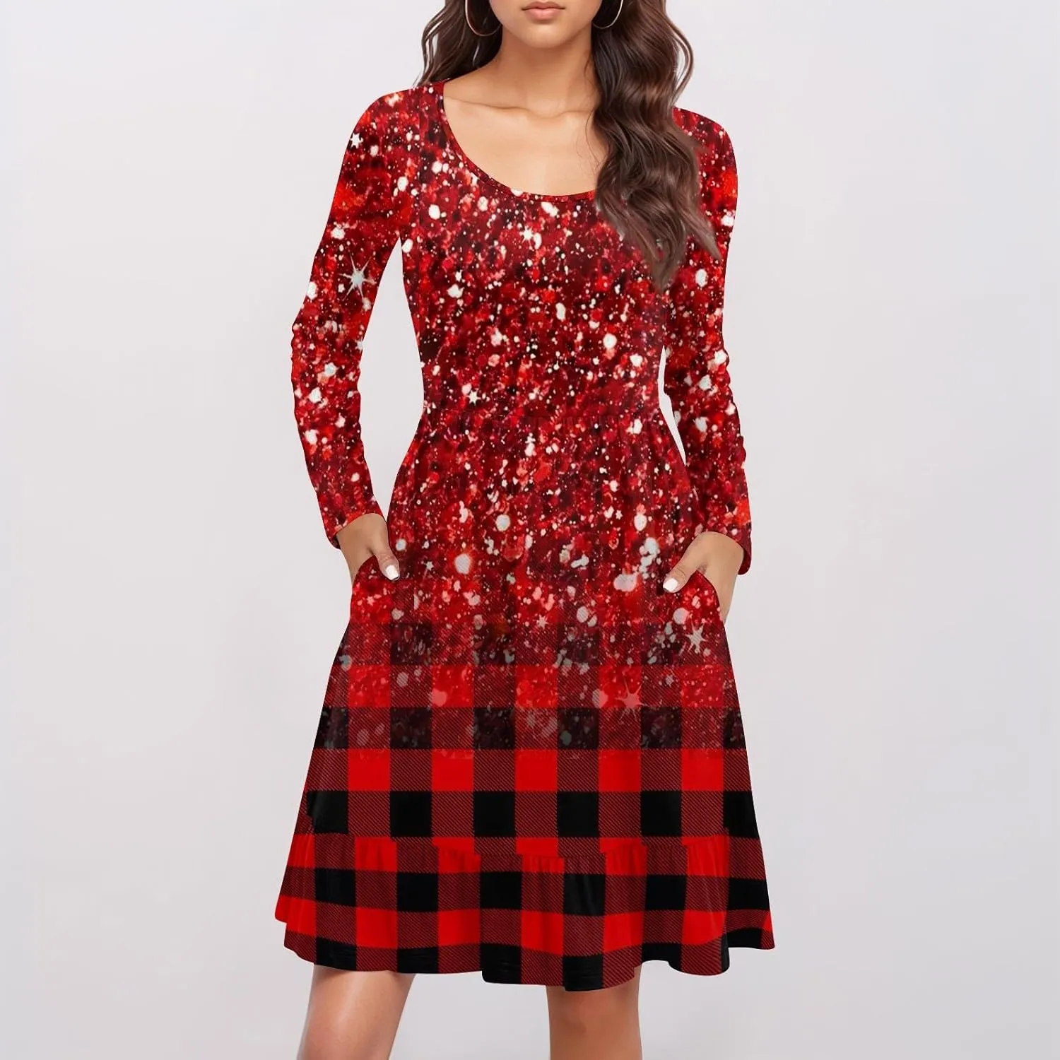 Women's Casual Short Dress Knee Length Crewneck Long Sleeve A Line Flowy Striped Going Out Dresses