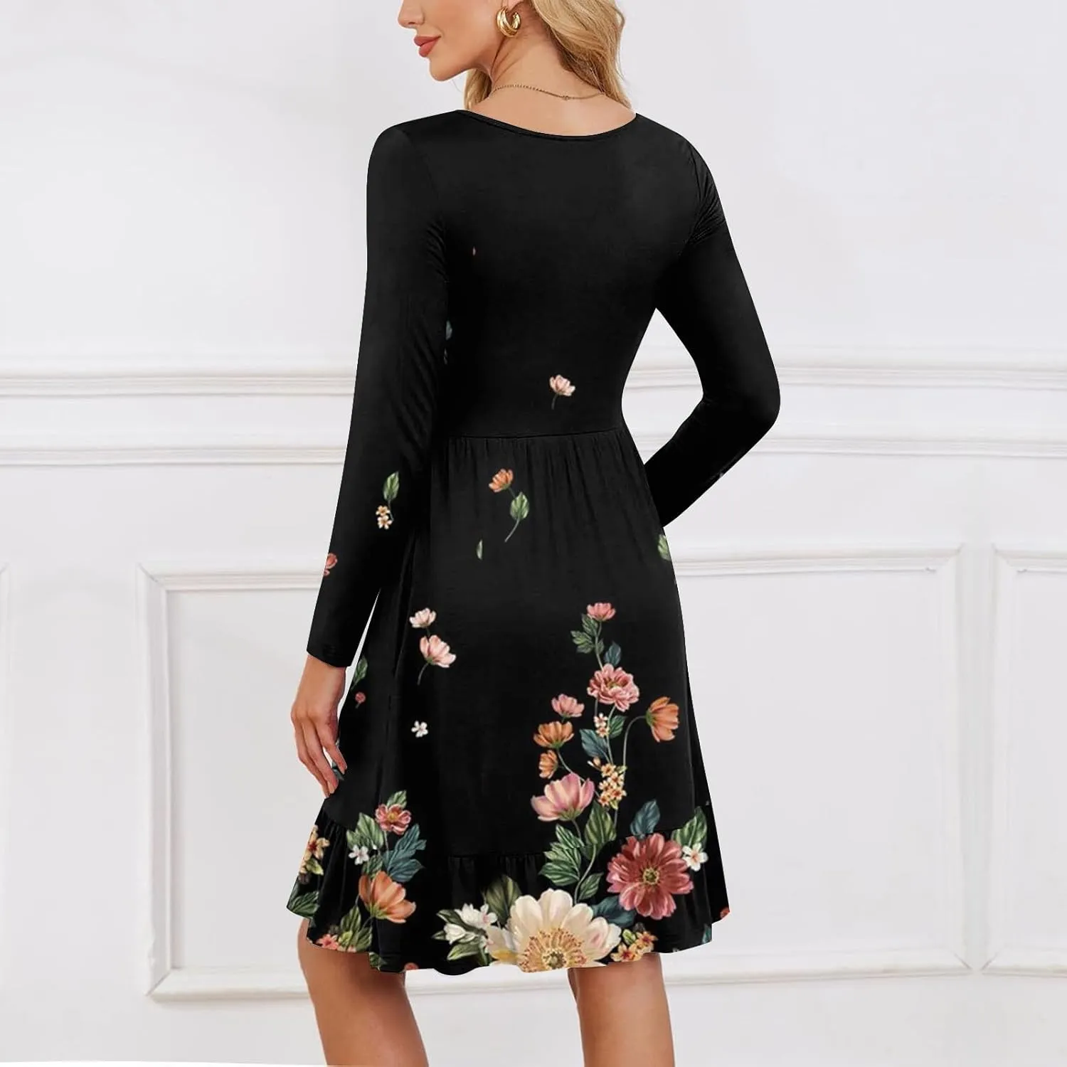Women's Casual Short Dress Knee Length Crewneck Long Sleeve A Line Flowy Striped Going Out Dresses