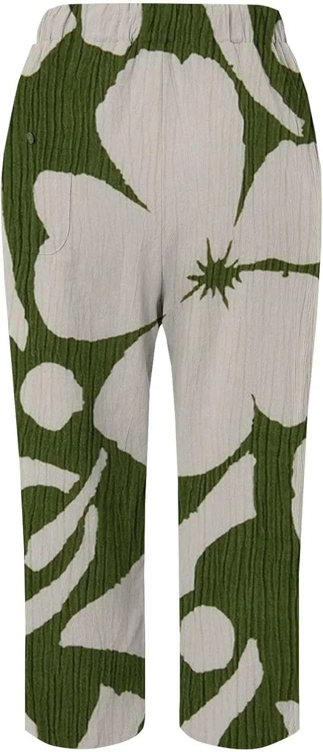 Womens Cotton Linen Capri Pants Elastic Waist Drawstring Casual Summer Boho Floral Beach Yoga Cropped Trousers