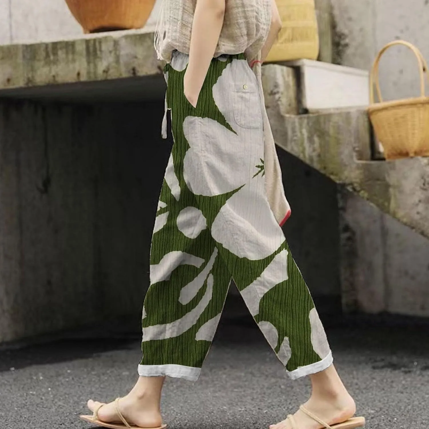 Womens Cotton Linen Capri Pants Elastic Waist Drawstring Casual Summer Boho Floral Beach Yoga Cropped Trousers