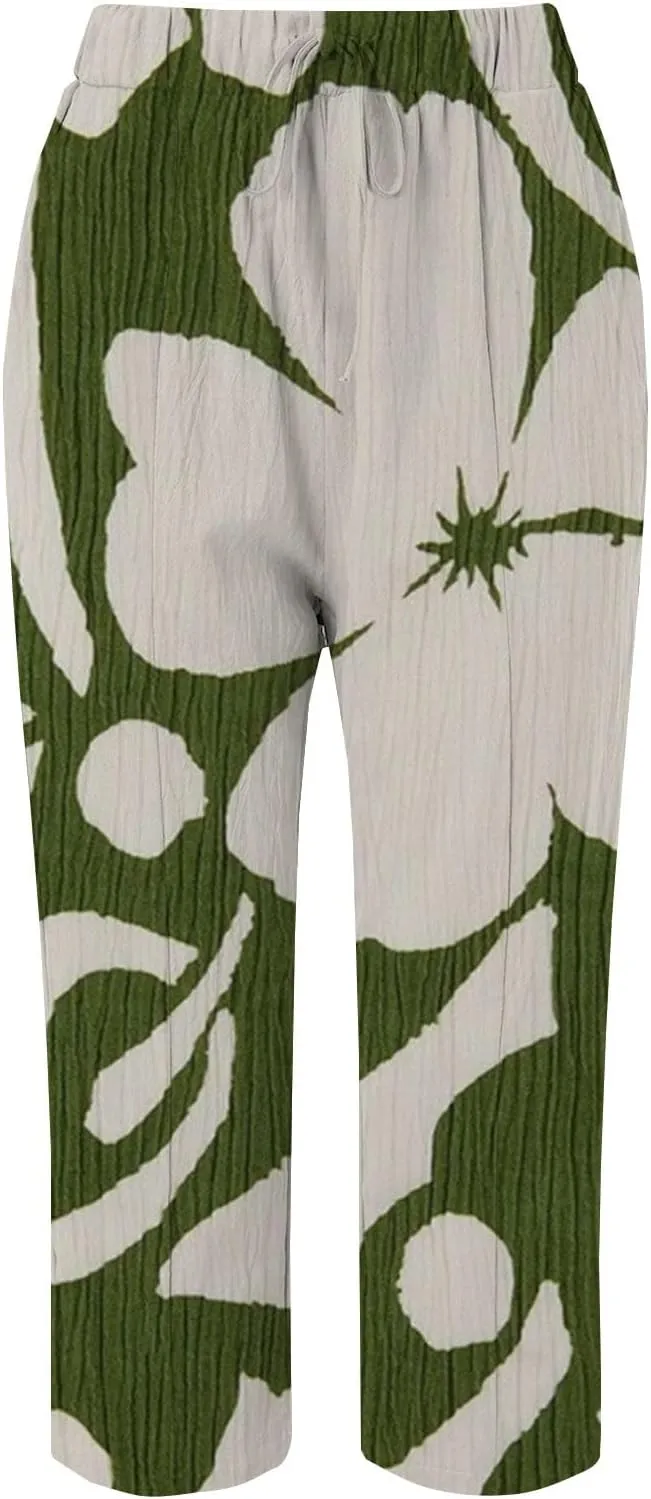 Womens Cotton Linen Capri Pants Elastic Waist Drawstring Casual Summer Boho Floral Beach Yoga Cropped Trousers