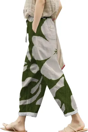 Womens Cotton Linen Capri Pants Elastic Waist Drawstring Casual Summer Boho Floral Beach Yoga Cropped Trousers