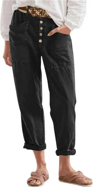 Women's Cotton Linen Cropped Pants, Button Waist Loose Straight Leg Trousers Summer Office Casual Clothes with Pockets