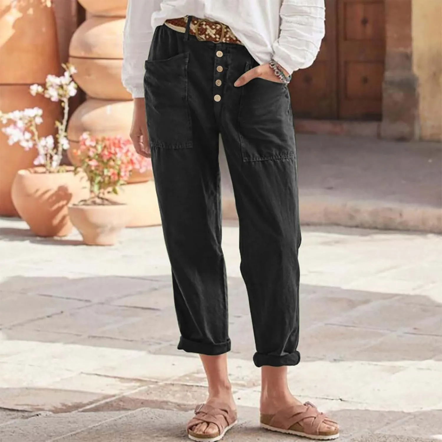 Women's Cotton Linen Cropped Pants, Button Waist Loose Straight Leg Trousers Summer Office Casual Clothes with Pockets