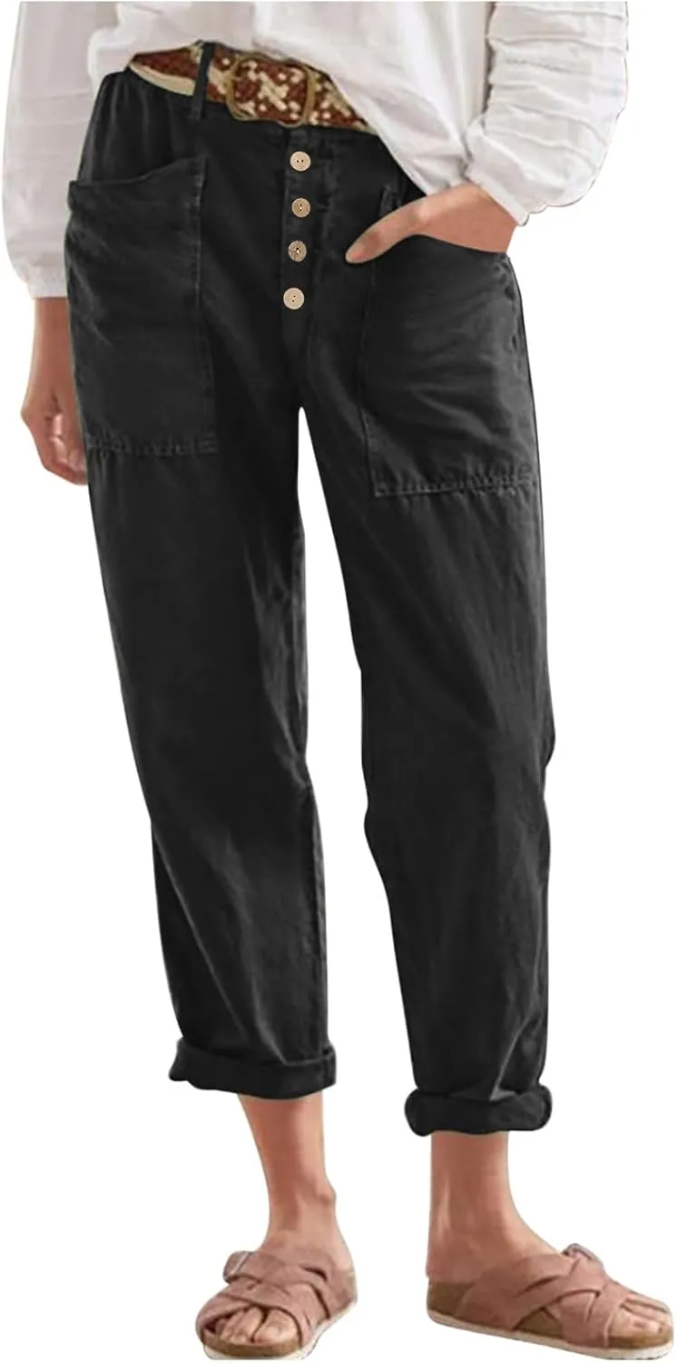 Women's Cotton Linen Cropped Pants, Button Waist Loose Straight Leg Trousers Summer Office Casual Clothes with Pockets