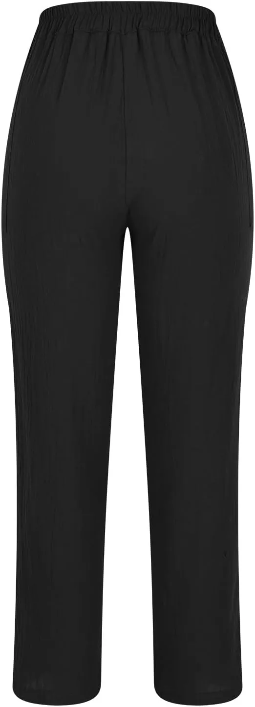 Women's Cotton Linen Cropped Pants, Button Waist Loose Straight Leg Trousers Summer Office Casual Clothes with Pockets
