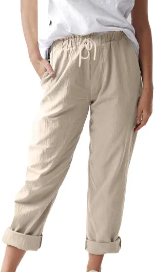 Women's Cotton Linen Micro Flared Pants Solid Summer Drawstring Wide Leg Pants Elastic Palazzo Trousers with Pockets