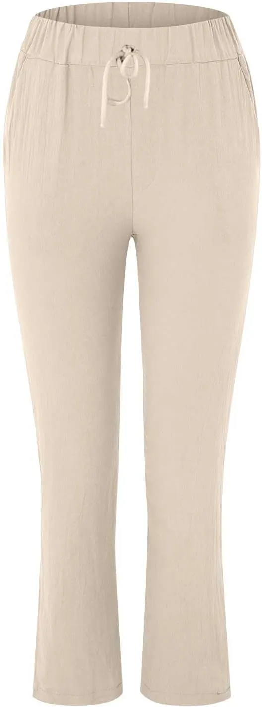 Women's Cotton Linen Micro Flared Pants Solid Summer Drawstring Wide Leg Pants Elastic Palazzo Trousers with Pockets