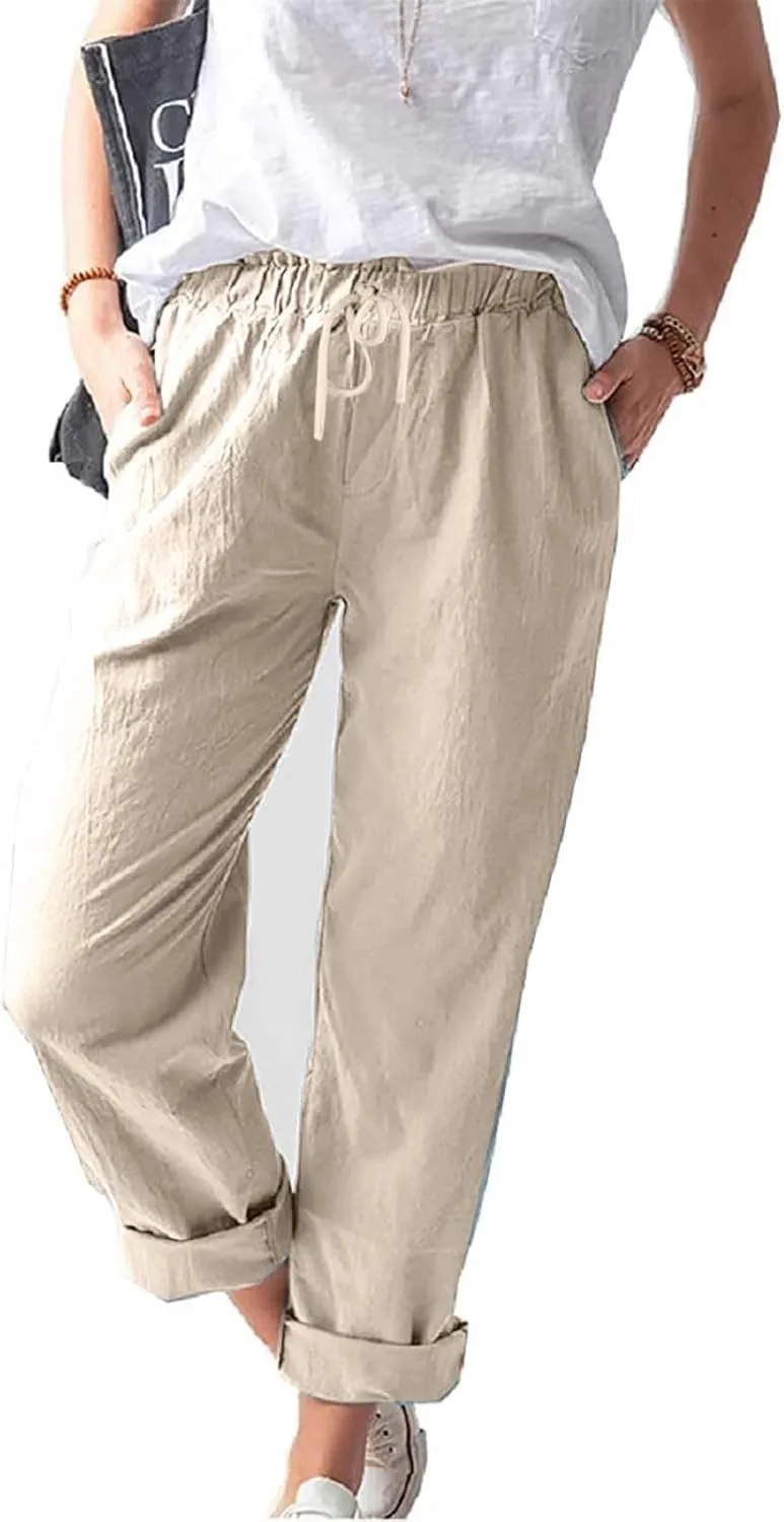 Women's Cotton Linen Micro Flared Pants Solid Summer Drawstring Wide Leg Pants Elastic Palazzo Trousers with Pockets