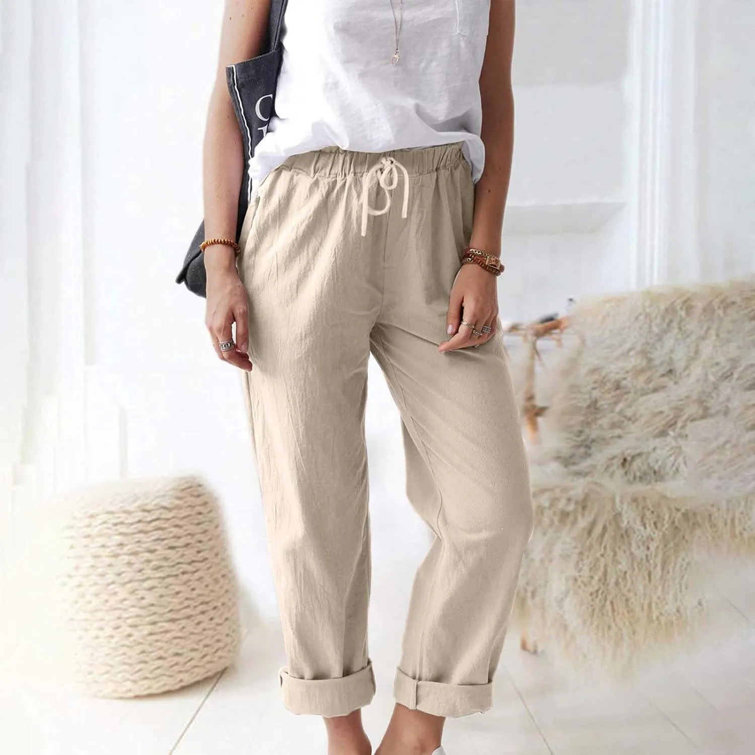 Women's Cotton Linen Micro Flared Pants Solid Summer Drawstring Wide Leg Pants Elastic Palazzo Trousers with Pockets