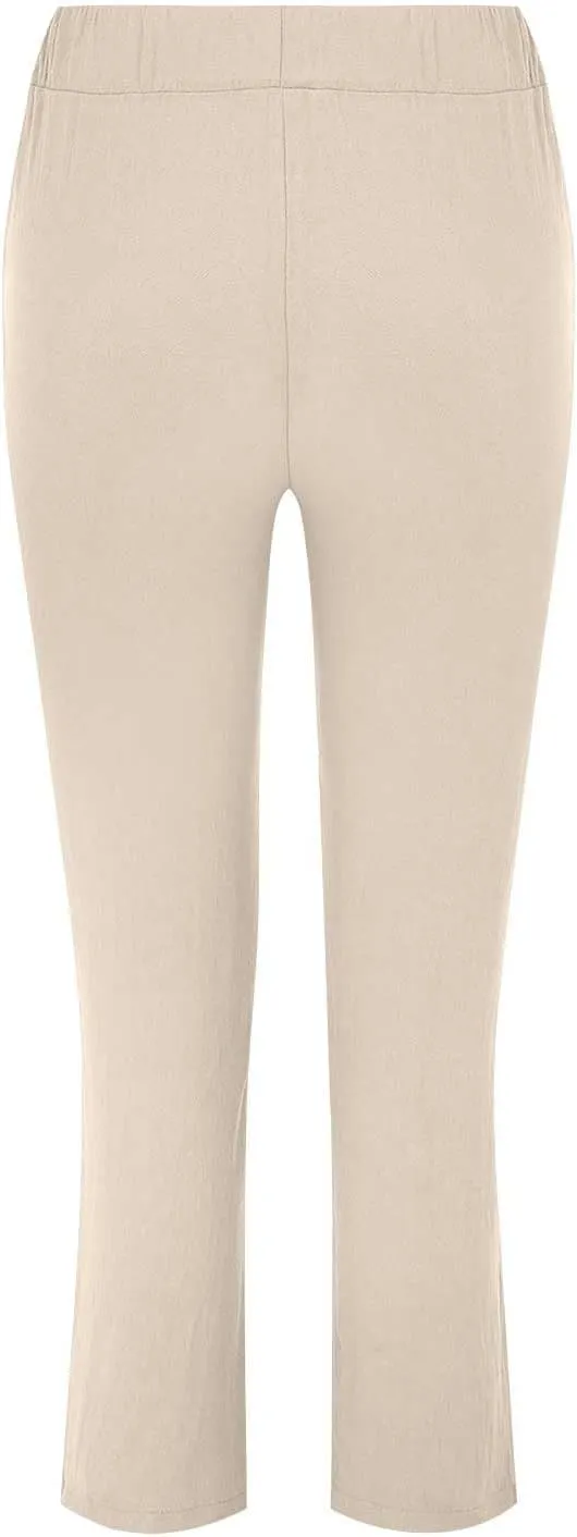 Women's Cotton Linen Micro Flared Pants Solid Summer Drawstring Wide Leg Pants Elastic Palazzo Trousers with Pockets