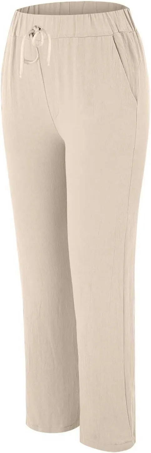 Women's Cotton Linen Micro Flared Pants Solid Summer Drawstring Wide Leg Pants Elastic Palazzo Trousers with Pockets