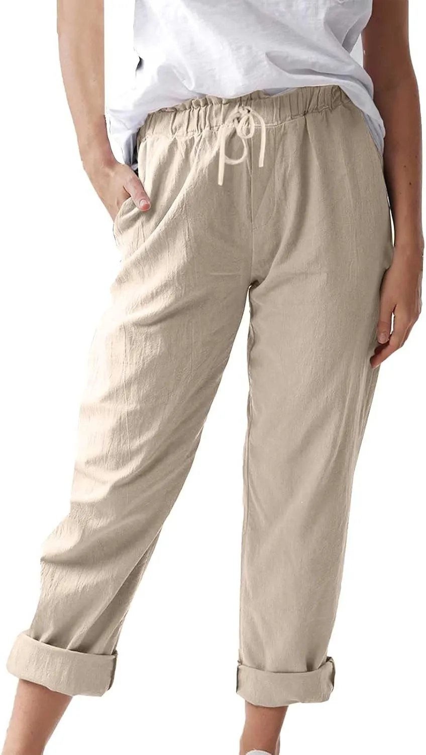 Women's Cotton Linen Micro Flared Pants Solid Summer Drawstring Wide Leg Pants Elastic Palazzo Trousers with Pockets