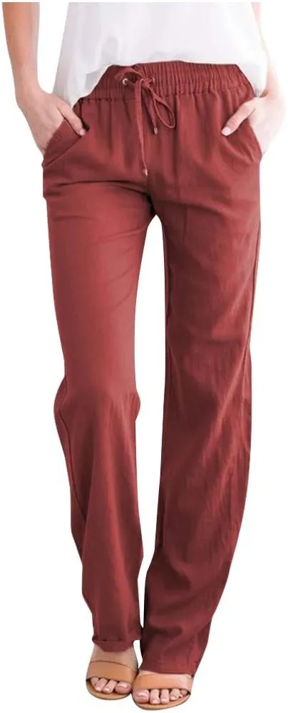 Women's Cotton Linen Summer Palazzo Pants Flowy Wide Leg Beach Trousers with Pockets Spring Outfits 2025