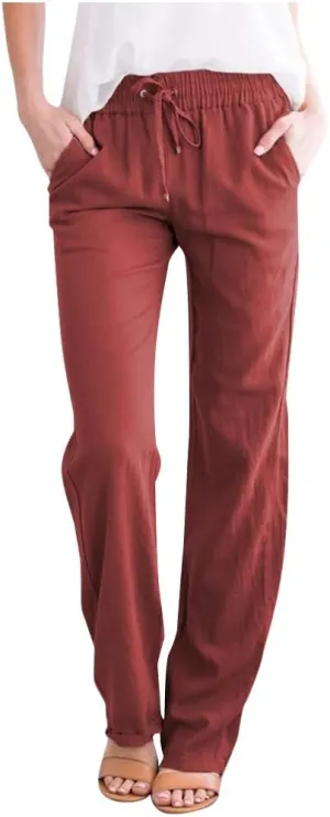 Women's Cotton Linen Summer Palazzo Pants Flowy Wide Leg Beach Trousers with Pockets Spring Outfits 2025