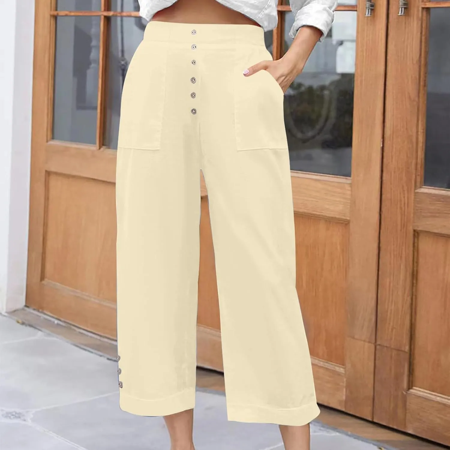 Womens Cropped Wide Leg Pant Stretch High Waist Button Petite Straight Leg Pant Loose Casual Work Trouser with Pocket
