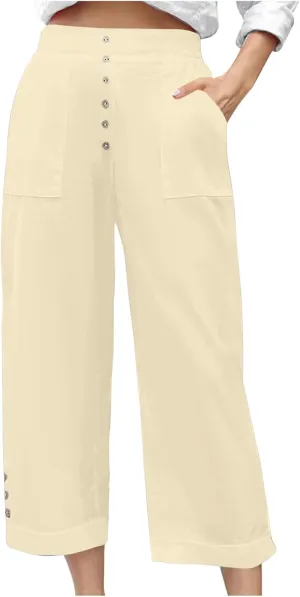 Womens Cropped Wide Leg Pant Stretch High Waist Button Petite Straight Leg Pant Loose Casual Work Trouser with Pocket