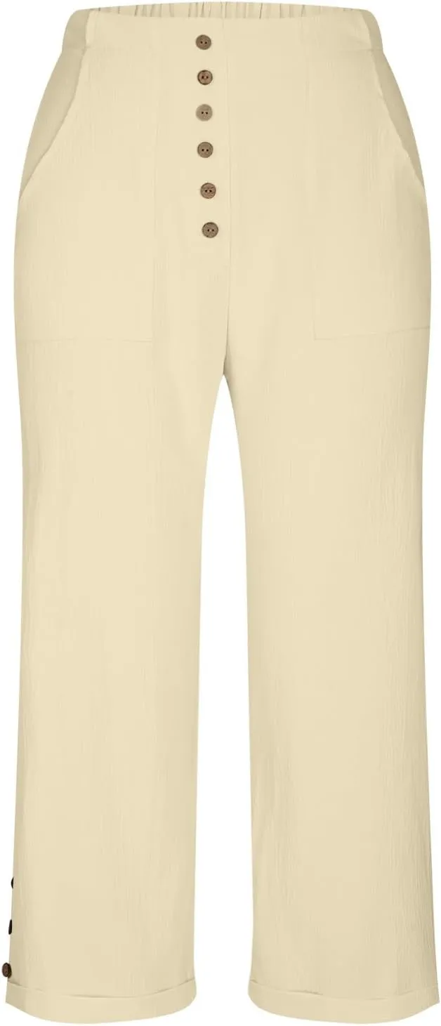 Womens Cropped Wide Leg Pant Stretch High Waist Button Petite Straight Leg Pant Loose Casual Work Trouser with Pocket