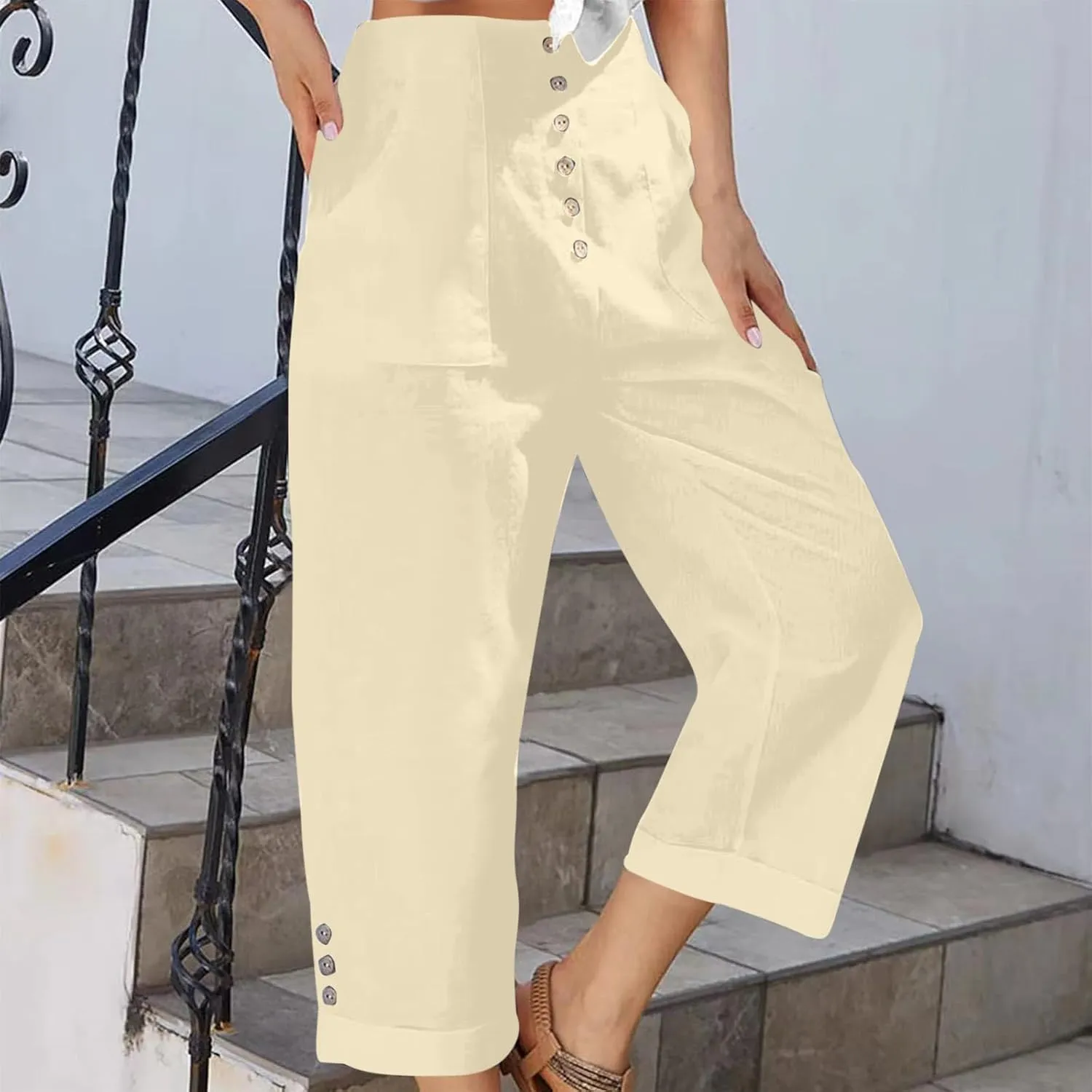 Womens Cropped Wide Leg Pant Stretch High Waist Button Petite Straight Leg Pant Loose Casual Work Trouser with Pocket