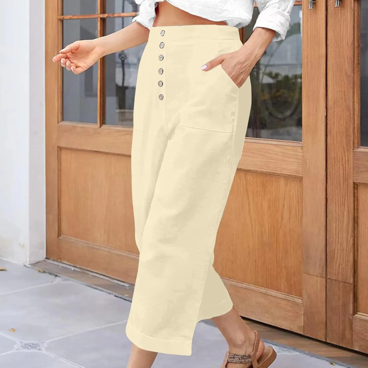 Womens Cropped Wide Leg Pant Stretch High Waist Button Petite Straight Leg Pant Loose Casual Work Trouser with Pocket