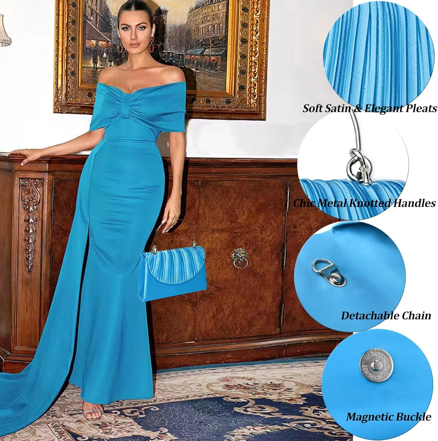 Women's Evening Handbags, Elegant Pleated Clutch Purse for Formal Prom Tea Party Wedding guest Cocktail Night Date
