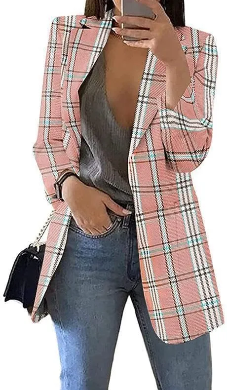 Women's Fashion Plaid Casual Blazer Lapel Slim Jacket Blazer Pocket Long Sleeve Jacket Business Suit
