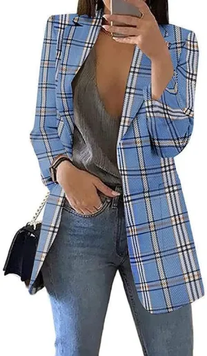 Women's Fashion Plaid Casual Blazer Lapel Slim Jacket Blazer Pocket Long Sleeve Jacket Business Suit