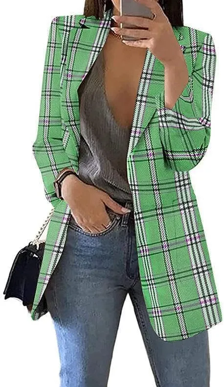Women's Fashion Plaid Casual Blazer Lapel Slim Jacket Blazer Pocket Long Sleeve Jacket Business Suit