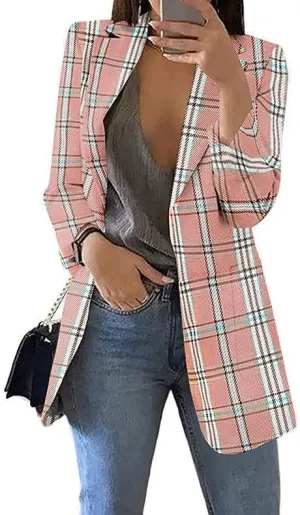 Women's Fashion Plaid Casual Blazer Lapel Slim Jacket Blazer Pocket Long Sleeve Jacket Business Suit
